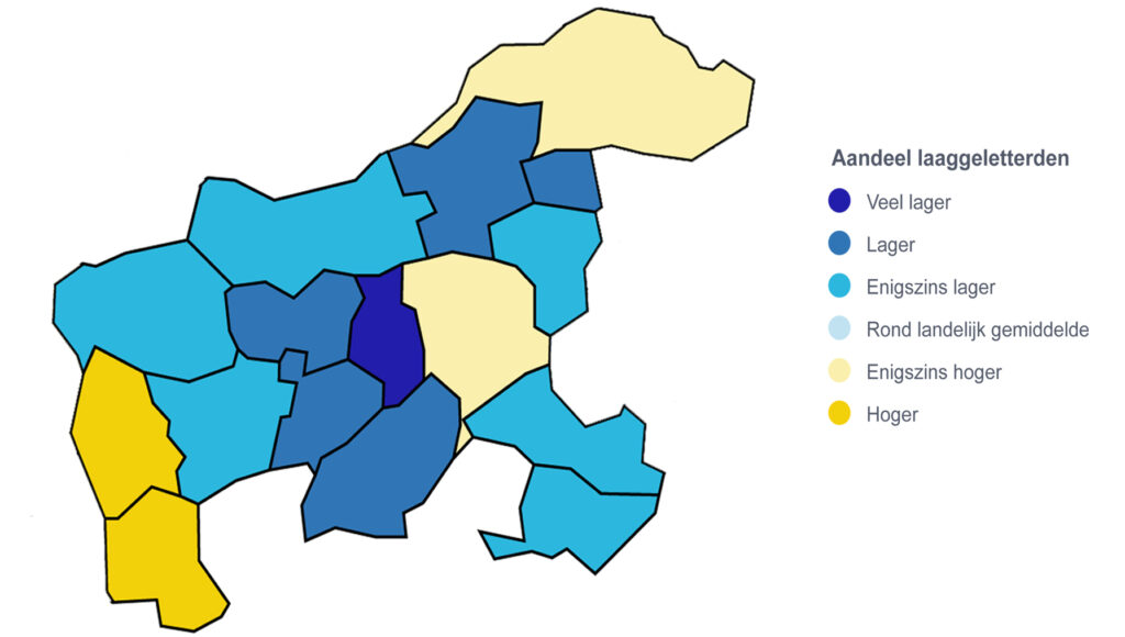 Regiokaart West-Brabant: Aandeel laaggeletterdheid per gemeente