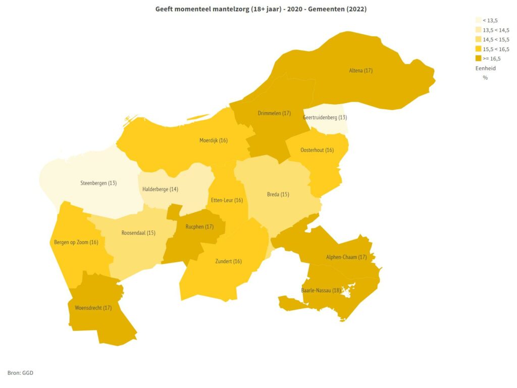 Regiokaart cijfers van volwassenen die momenteel mantelzorg geven. 