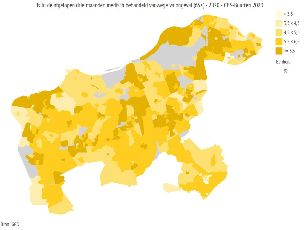 Regiokaart West-Brabant met percentage ouderen dat de afgelopen drie maanden medisch behandeld werd vanwege valongeval