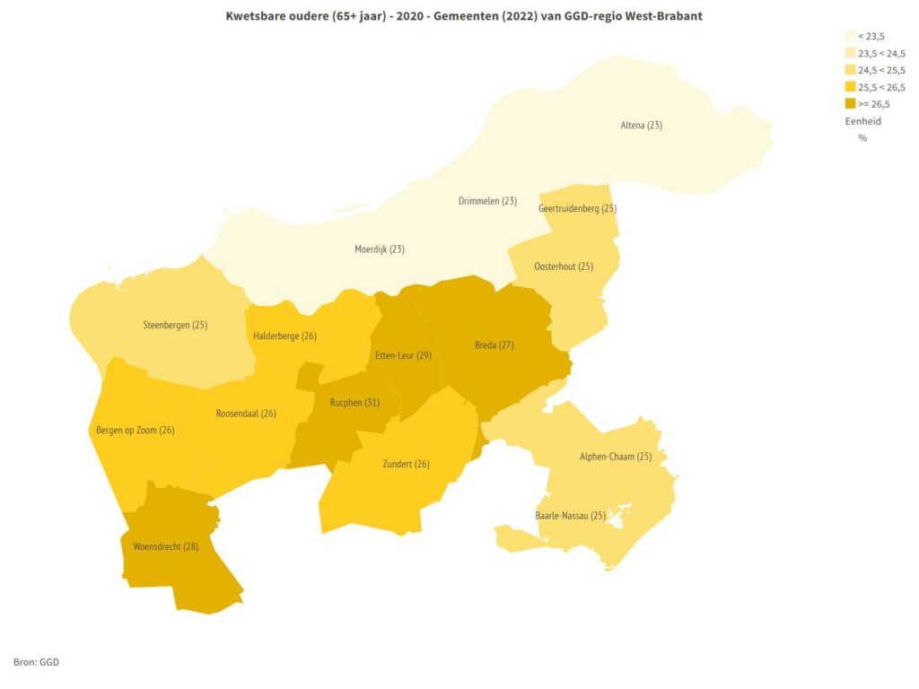 Regiokaart West-Brabant kwetsbare ouderen per gemeente