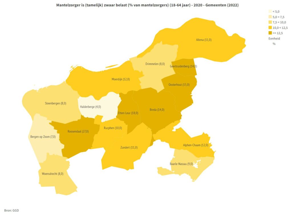 Regiokaart met percentage mantelzorgers dat zicht tamelijk tot zwaar belast voelt.