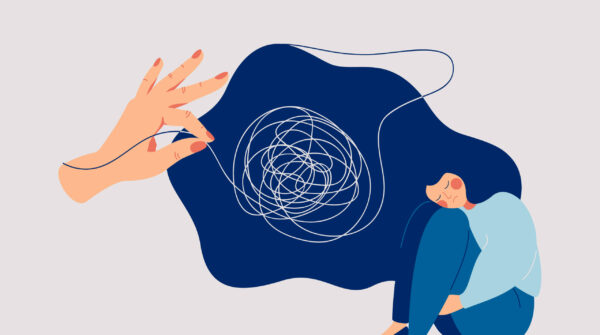 Een illustratie van een zittend persoon met een blauwe vlek met daarin een wirwar aan draadjes als 'gedachten'