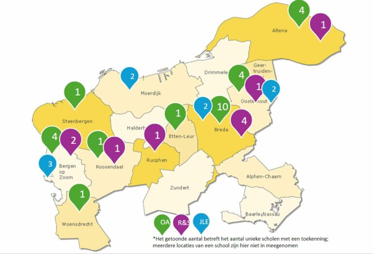 Kaart van regio West-Brabant met daarin per gemeente het aantal toekenningen stimuleringsregelingen gezonde school